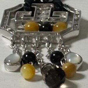 Art Deco Style Geometric Silver Tassel Pendant Necklace With Multi Gems